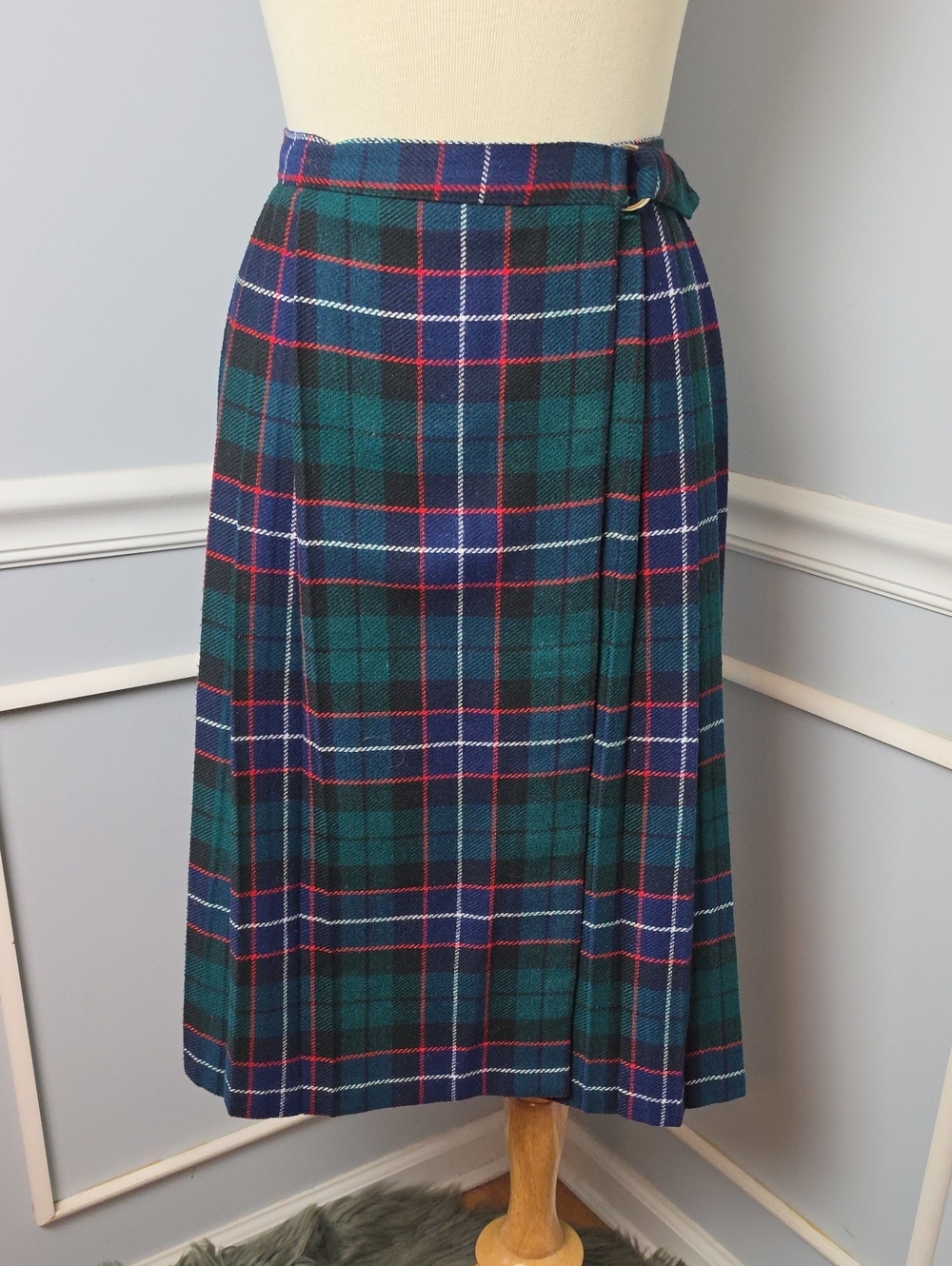 CLAUDE Wool Blend Green Blue Tartan Plaid Holiday Preppy Wrap 80s VTG Skirt 12